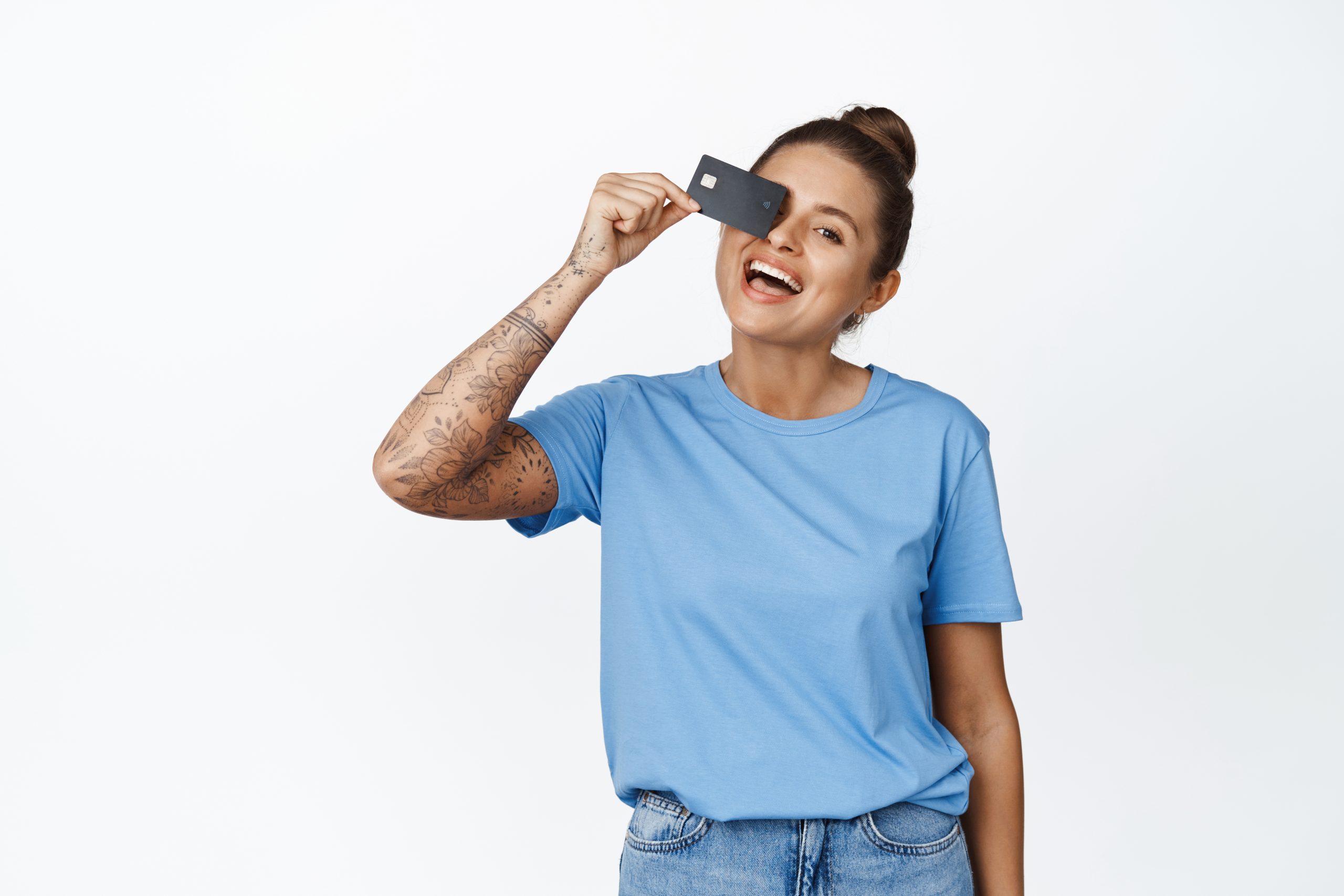 Portrait Beautiful Happy Woman With Tattoos Showing Credit Card Eye Laughing Smiling Satisfied Bank Client Standing White Scaled